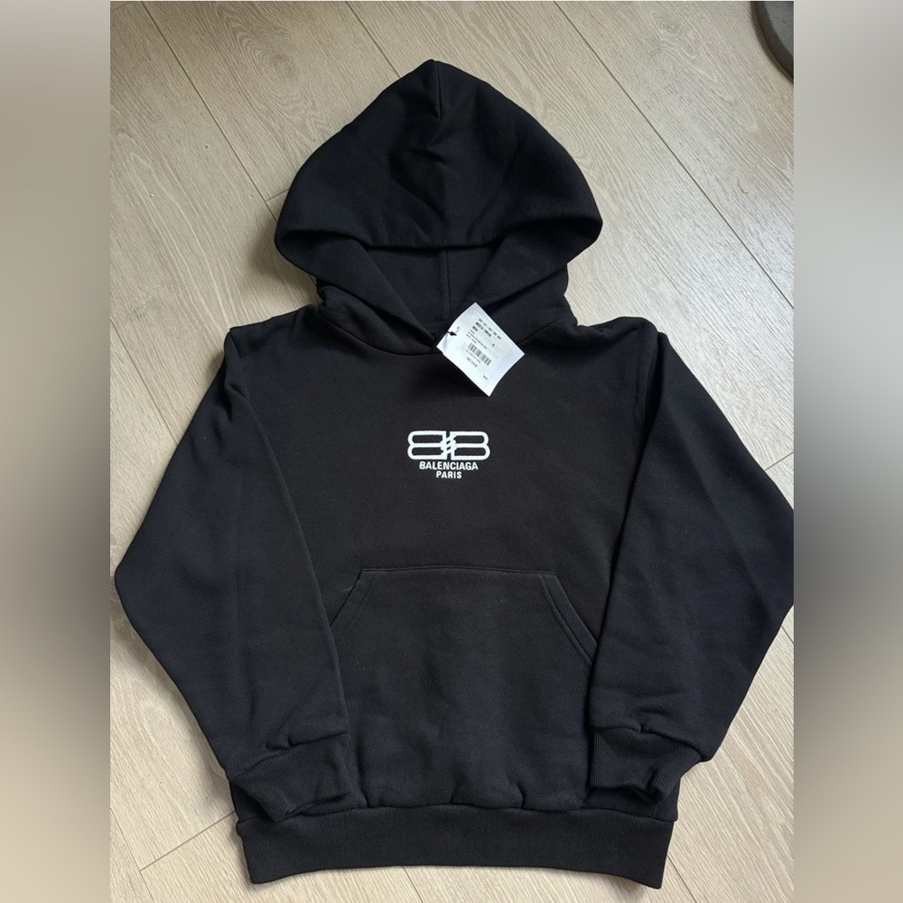 BALENCIAGA Kids Washed Black Center Logo Monogram Hoodie Size 8 NEW $375